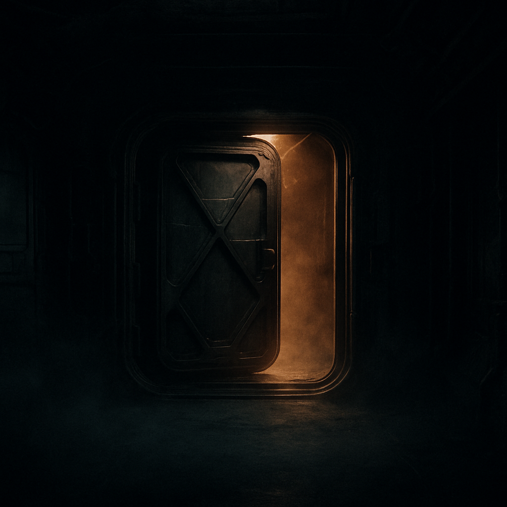 A heavy airlock door left ajar, warm amber light spilling through into a dark corridor.