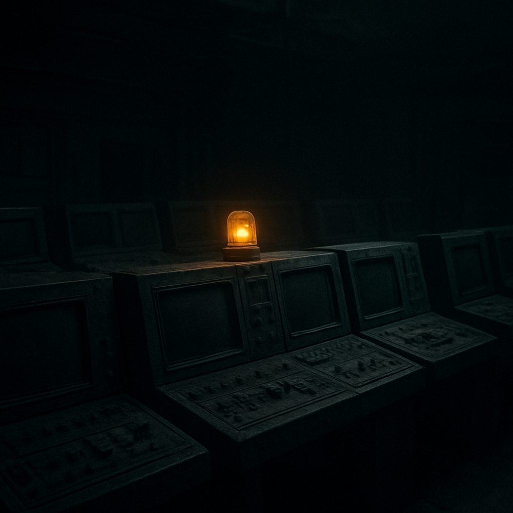 A dead control room with dormant monitors and one flickering amber warning light.