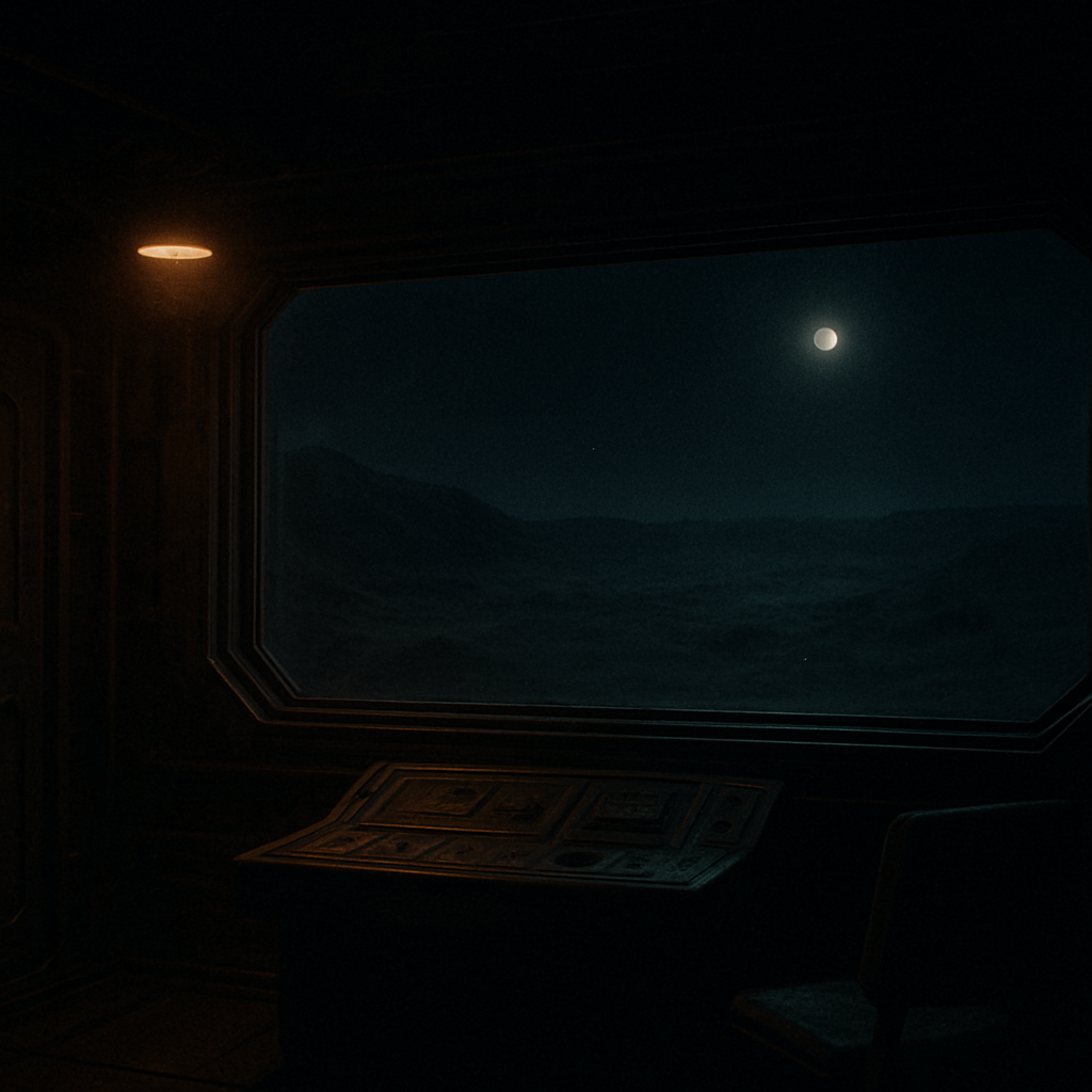 A dim observation room aboard Apheron, its viewport looking out onto the dead planet beyond.