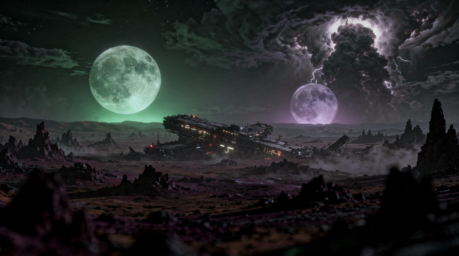 The grounded Apheron station glimmers with faint lights on a barren, dusty planet beneath two moons and a storm-lit sky.