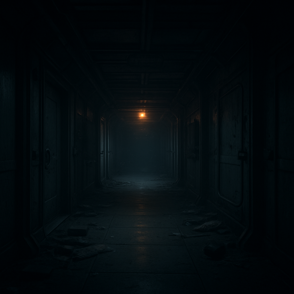 A long, dust-filled station corridor lit by a single warm amber emergency light.