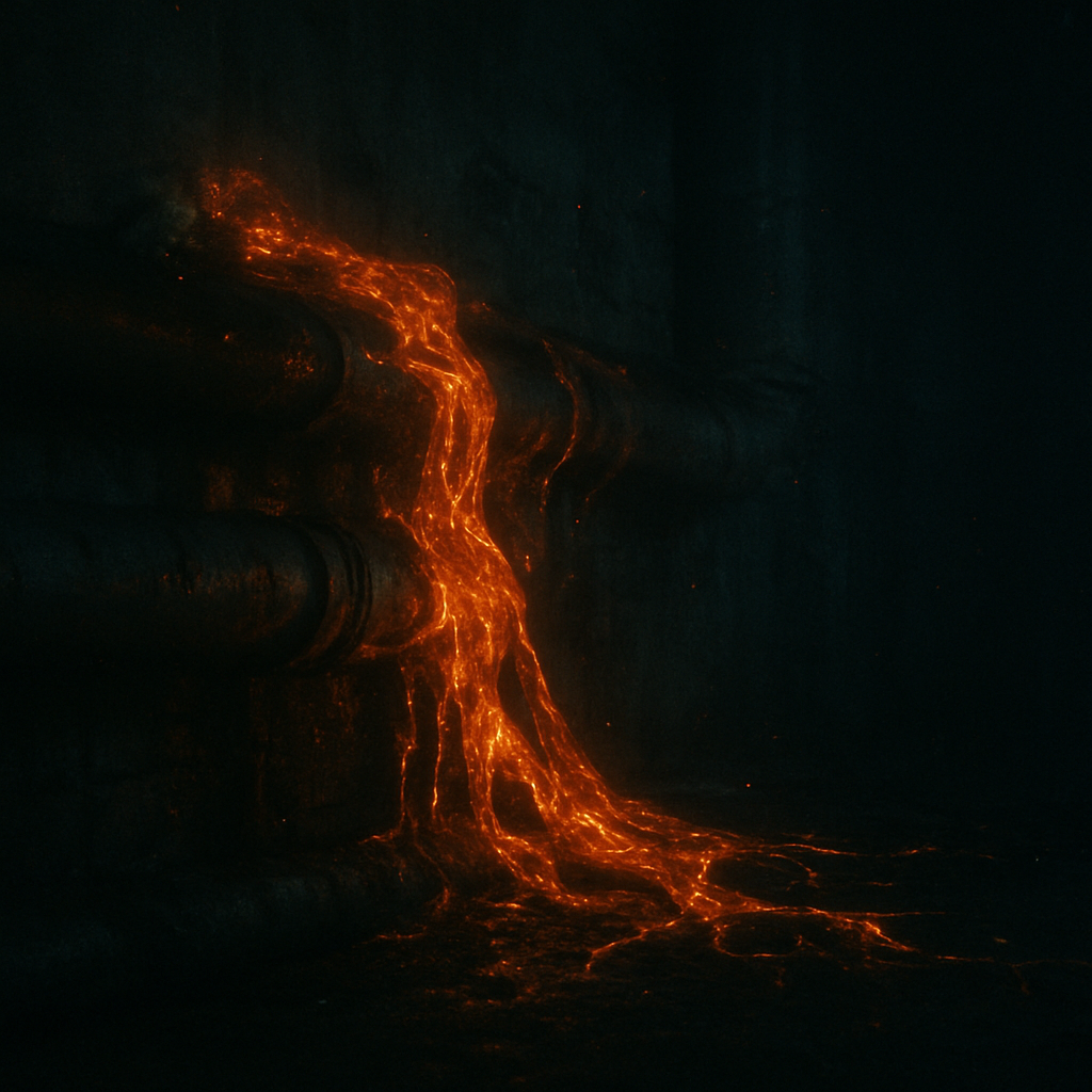 A luminous amber substance, ember, creeping and glowing across cold steel pipes.