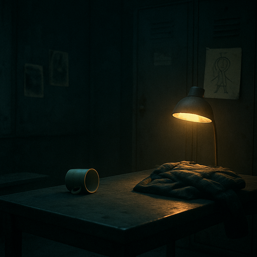 An abandoned crew quarters: a cold mug, a folded jacket, faded photographs under a soft amber lamp.