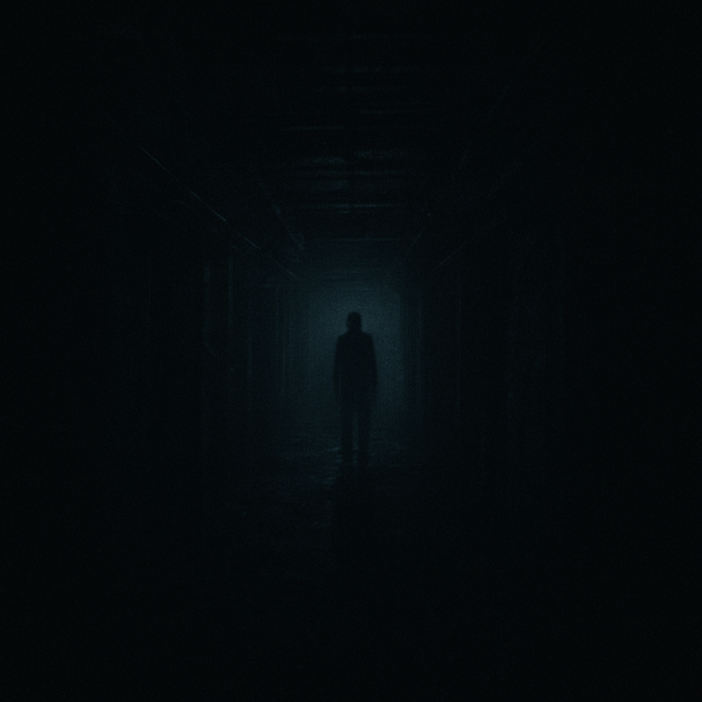 A distant, indistinct figure standing motionless at the far, shadowed end of a corridor.